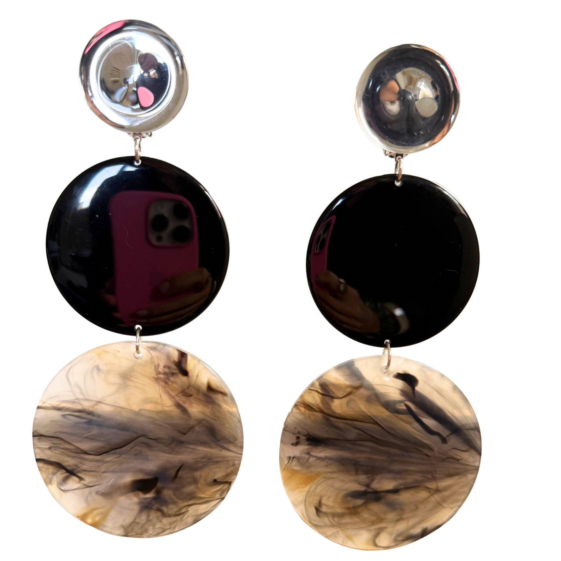 BOUCLES D'OREILLE FRANCINE BRAMLI: TRIO CABOCHON MIROIR, PLAQUE NOIRE, PLAQUE MARBRÉ