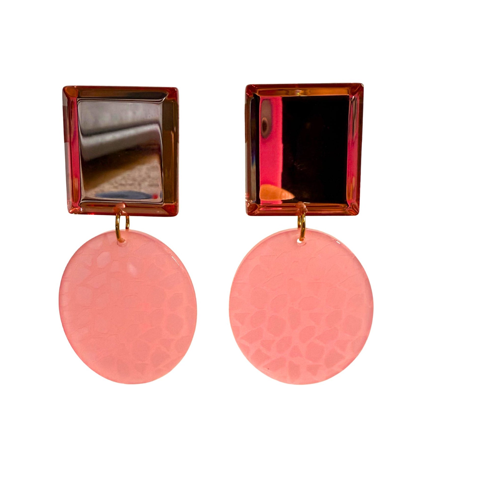 BOUCLES D'OREILLES FRANCINE BRAMLI: CABOCHON MIROIR PÊCHE ET ÉLÉMENT GIRAFE