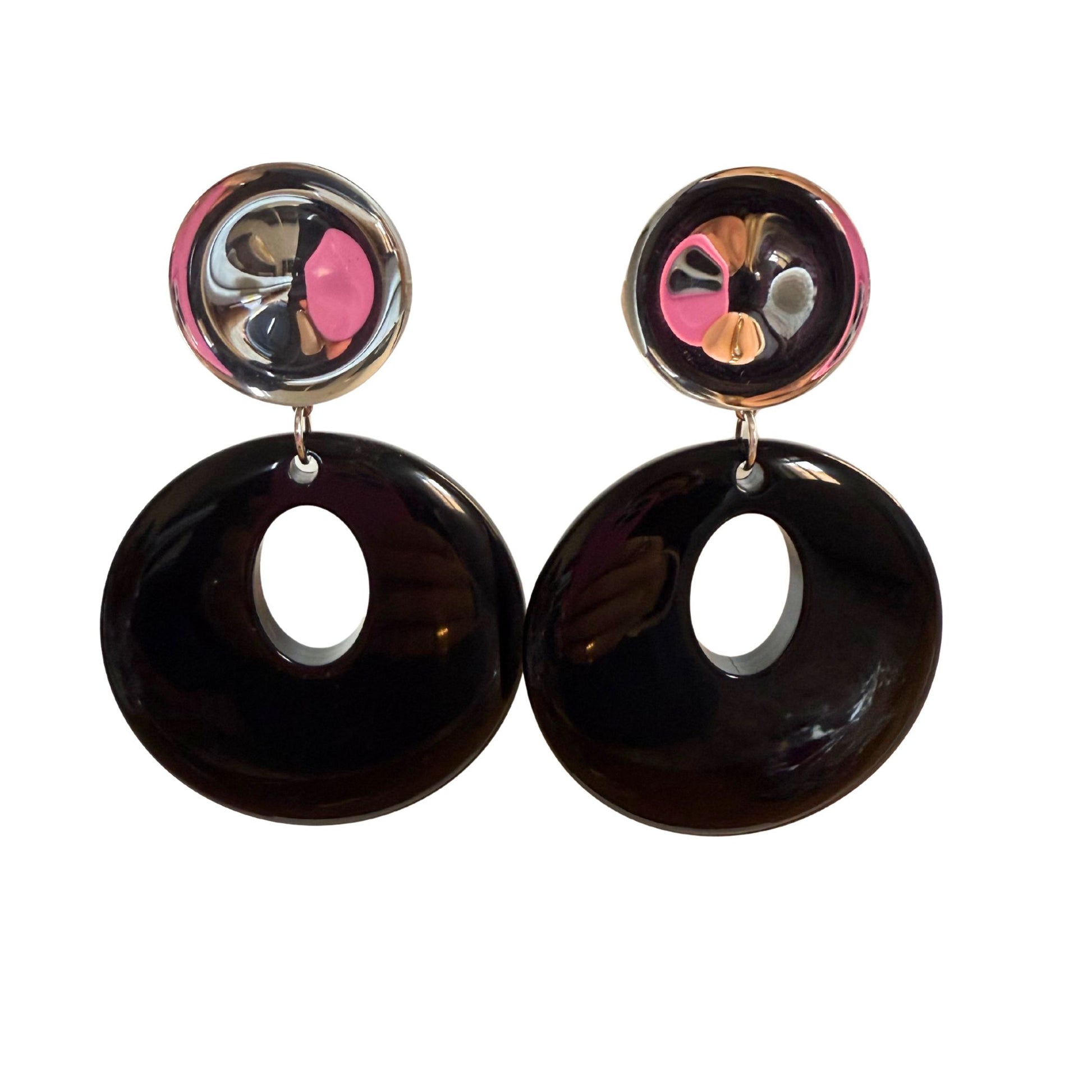 BOUCLES D'OREILLES FRANCINE BRAMLI: ARNICA CABOCHON MIROIR ET ELEMENT NOIR