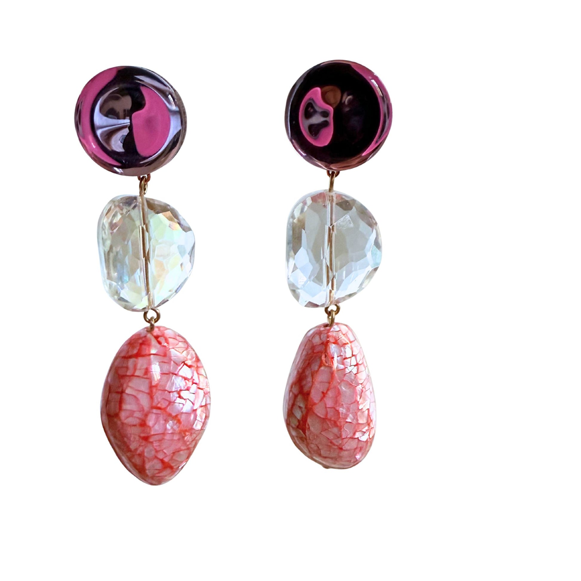 BOUCLES D'OREILLES FRANCINE BRAMLI: TRIO CABOCHON MIROIR, CRISTAL, ET NACRE
