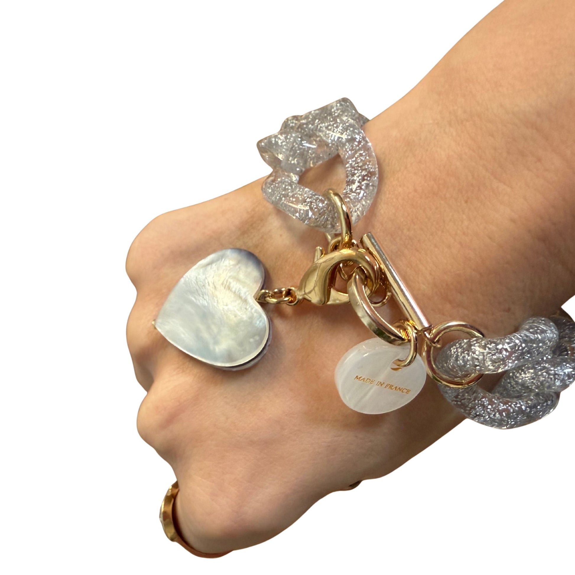 BRACELET FRANCINE BRAMLI: MAILLON ARGENTÉ PAILLETTES ET CHARM NACRÉ GRIS
