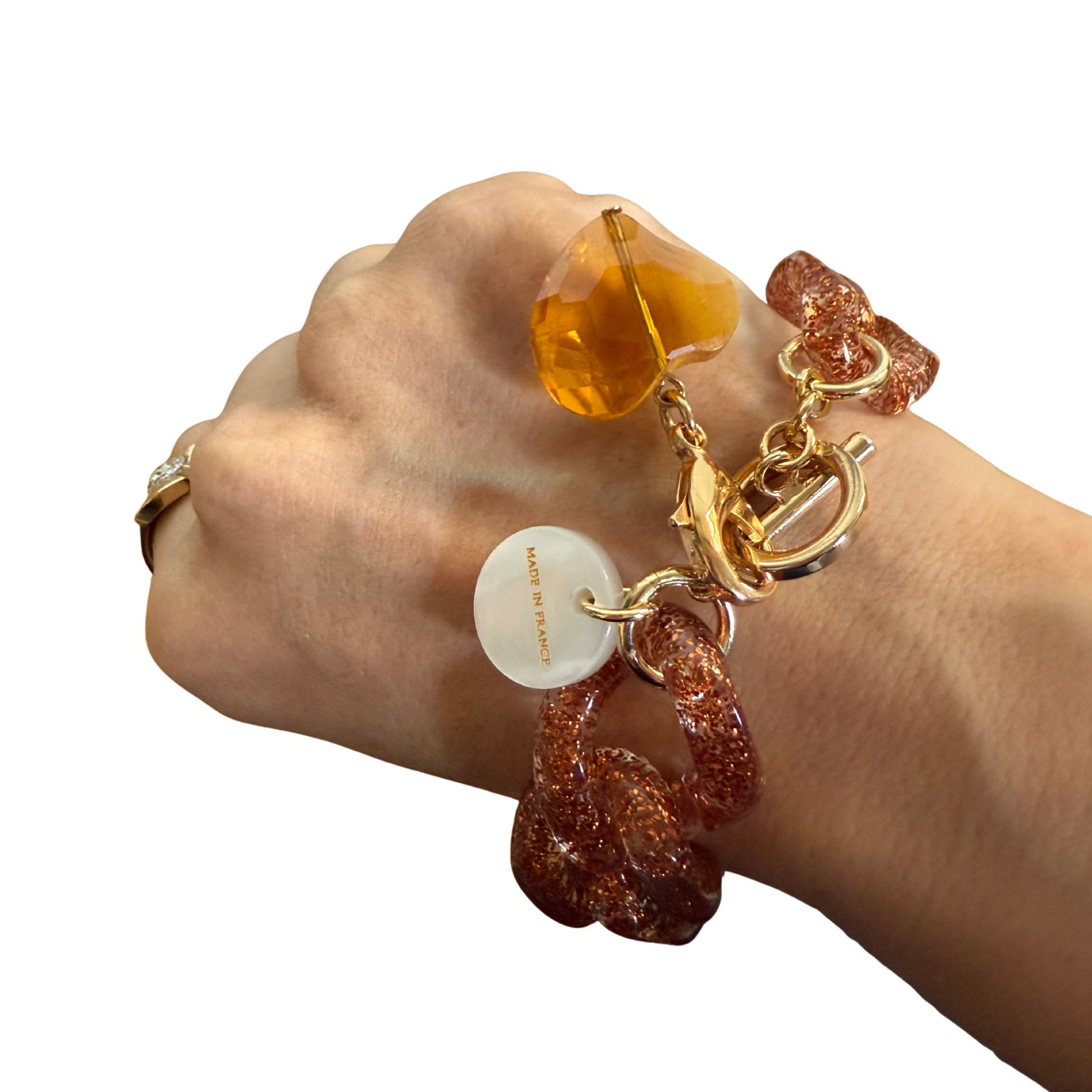 BRACELET FRANCINE BRAMLI: MAILLONS PAILLETTES AMBRE ET CHARM CRISTAL AMBRE