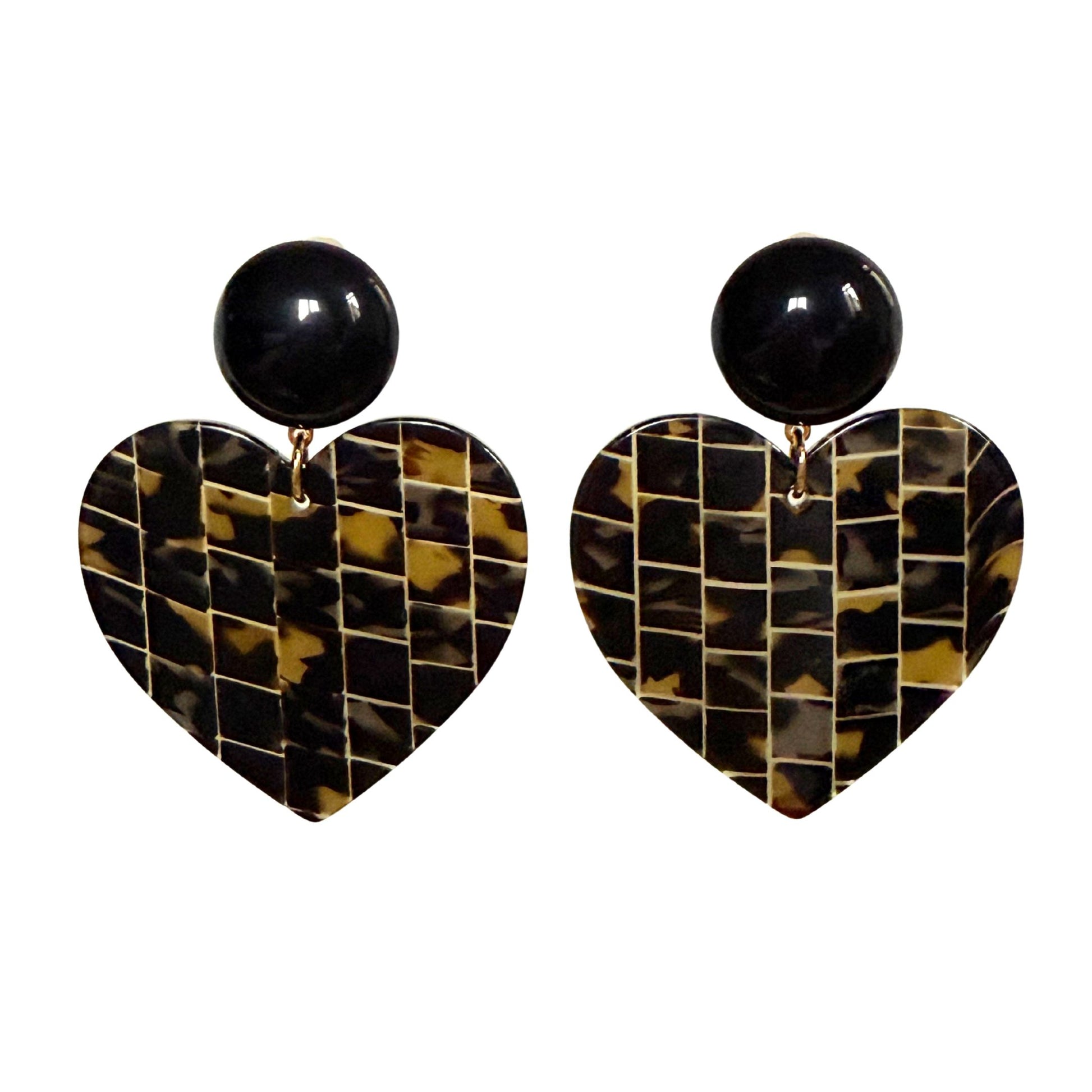 BOUCLES D'OREILLES FRANCINE BRAMLI: COEUR CABOCHON NOIR ET ECAILLES MOTIF MARON ET NOIR