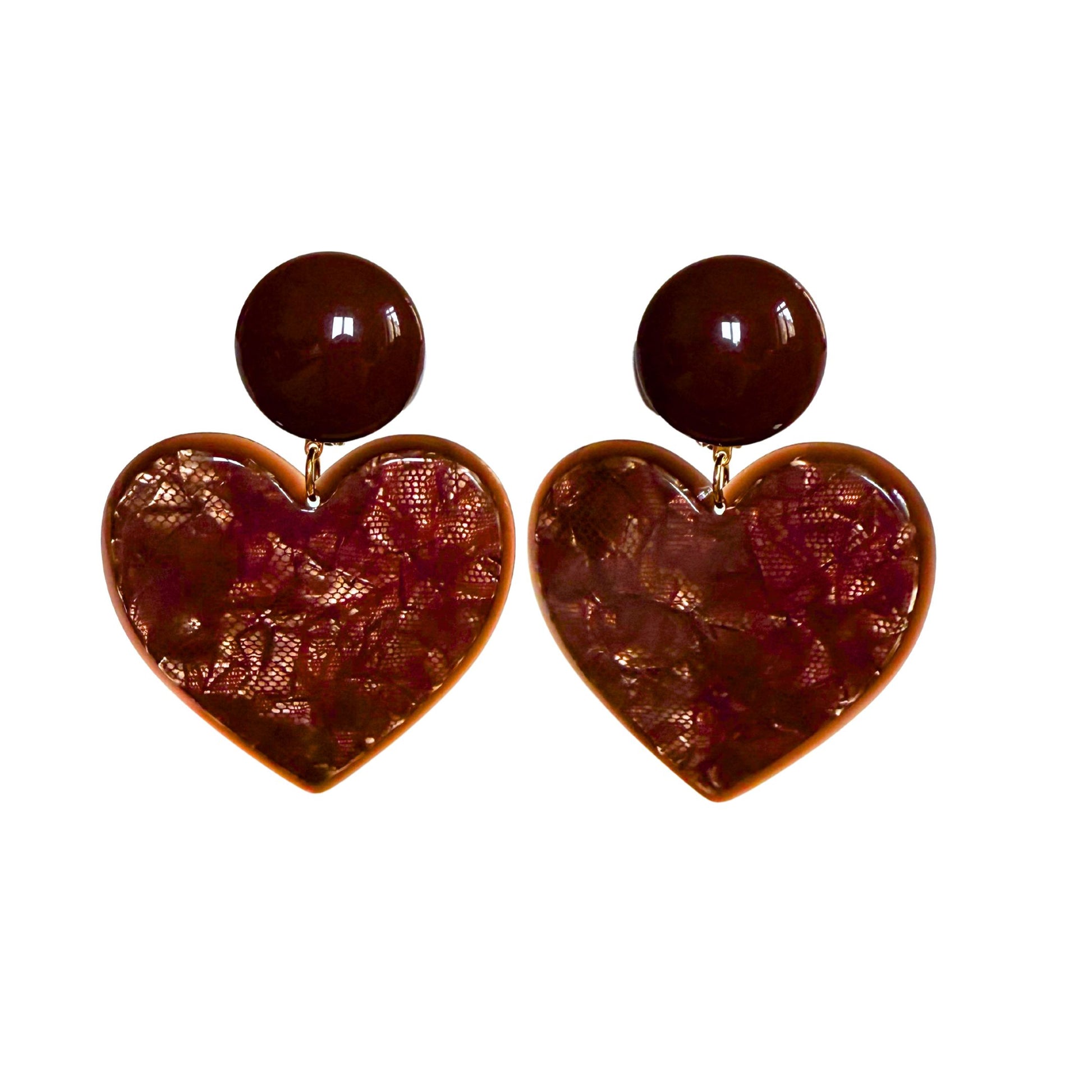BOUCLES D'OREILLES FRANCINE BRAMLI: COEUR DENTELLE BORDEAUX ET CABOCHON MARRON