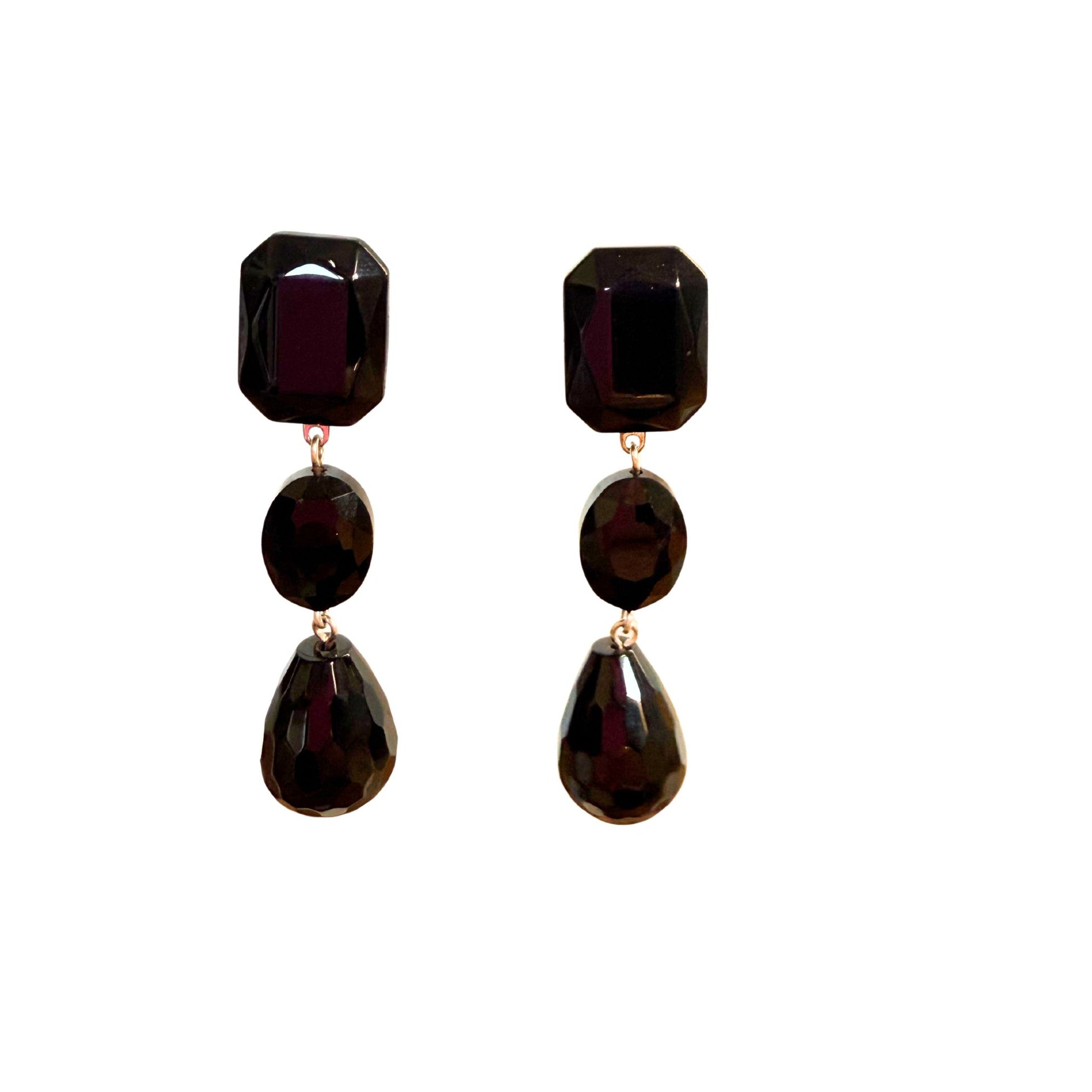 BOUCLES D'OREILLES FRANCINE BRAMLI: TRIO CABOCHON FACETÉS ET CRISTAUX NOIR