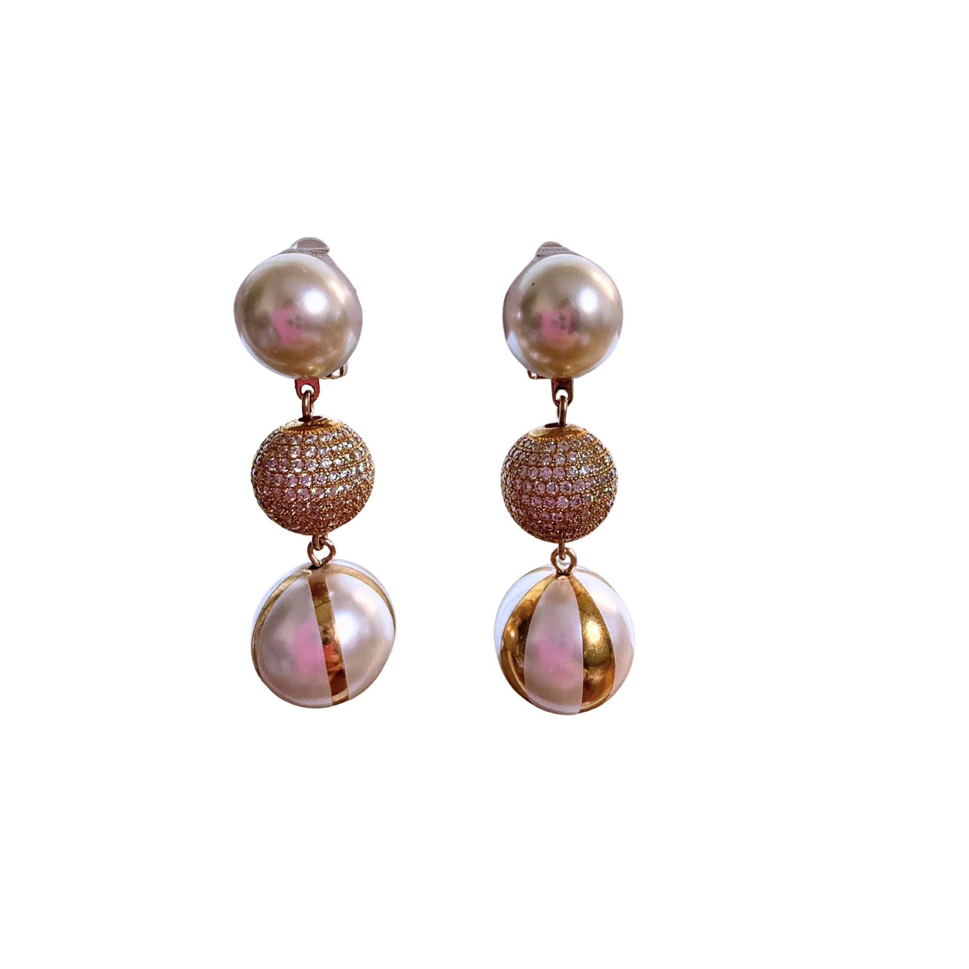 BOUCLES D'OREILLES FRANCINE BRAMLI: TRIO PERLES ELEMENT AVEC CRISTAUX ET DORÉ