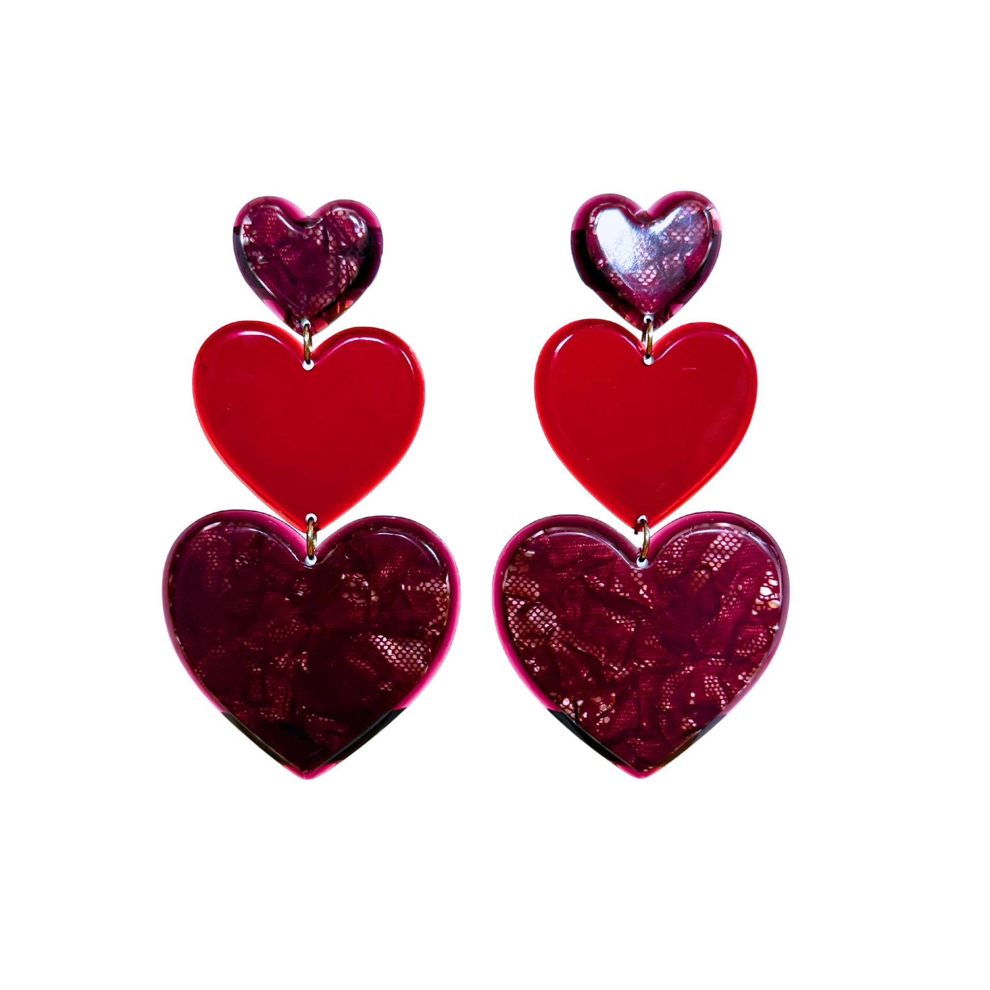 BOUCLES D'OREILLES FRANCINE BRAMLI: TRIPLE COEUR ROUGE DENTELLE ET UNI