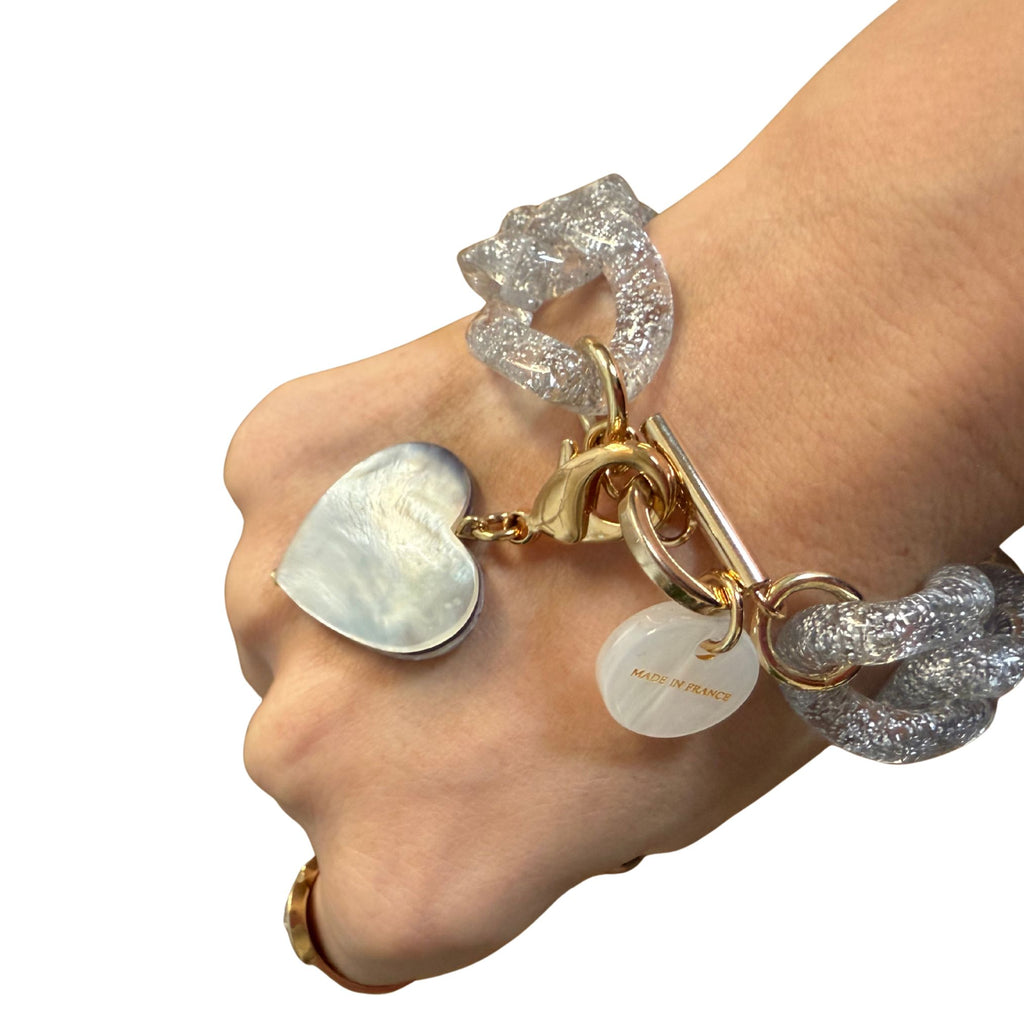 BRACELET FRANCINE BRAMLI: MAILLON ARGENTÉ PAILLETTES ET CHARM NACRÉ GRIS