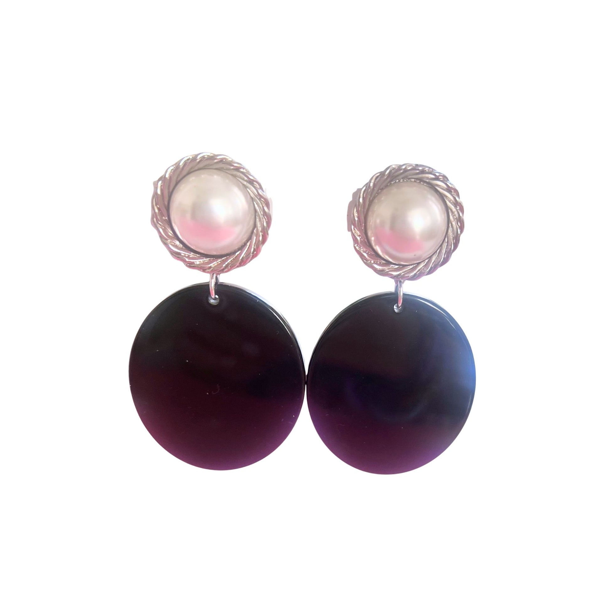 Boucles d'oreilles Francine BRAMLI: Noire avec cabochon perles et argenté