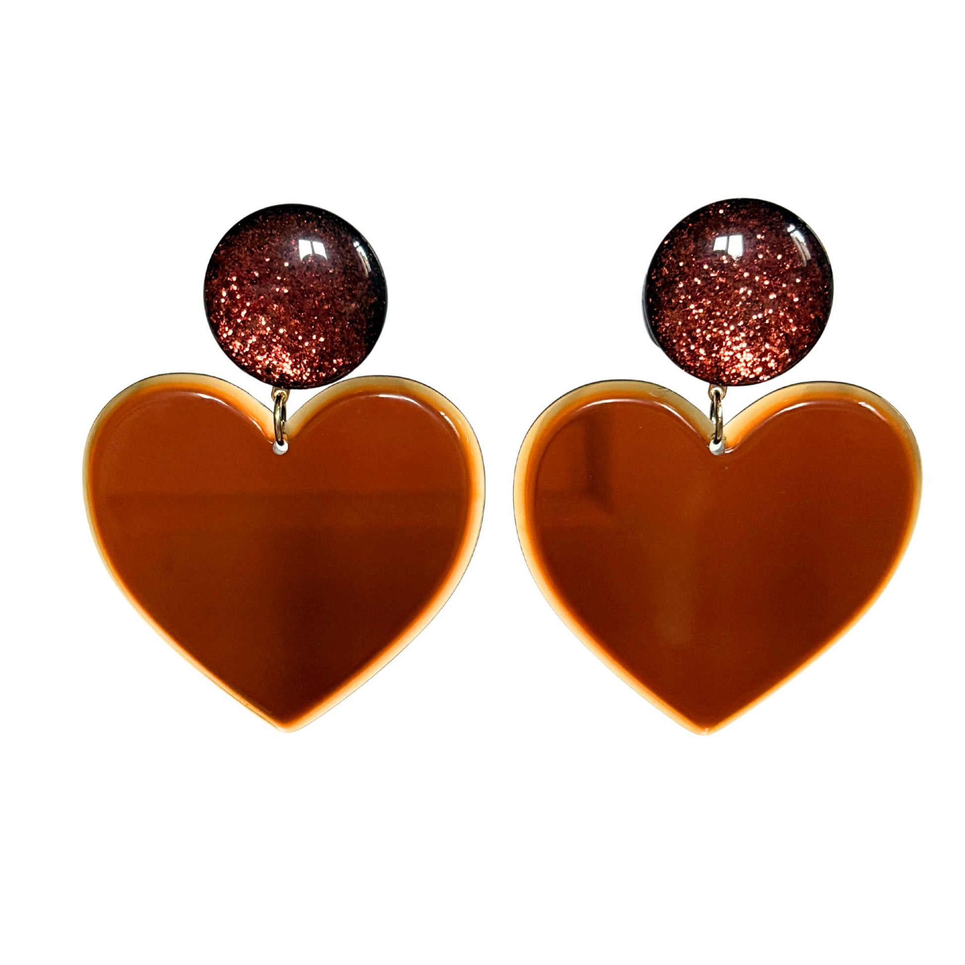 BOUCLES D'OREILLES FRANCINE BRAMLI: COEUR MARRON ET CABOCHON PAILLETTES